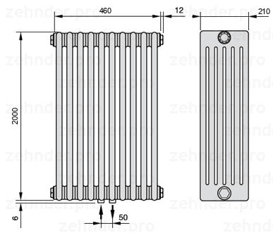 Схема (чертеж) Радиатор Zehnder Charleston 6200/10 №3470 Белый глянцевый RAL 9016